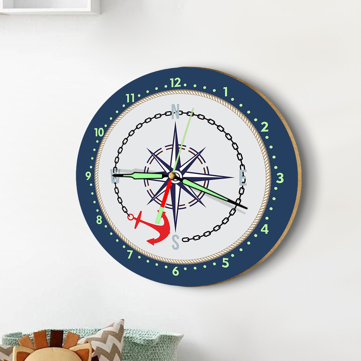 Dekor Loft Fosforlu Gece Parlayan Çocuk Odası Duvar Saati Denizci Çapası
