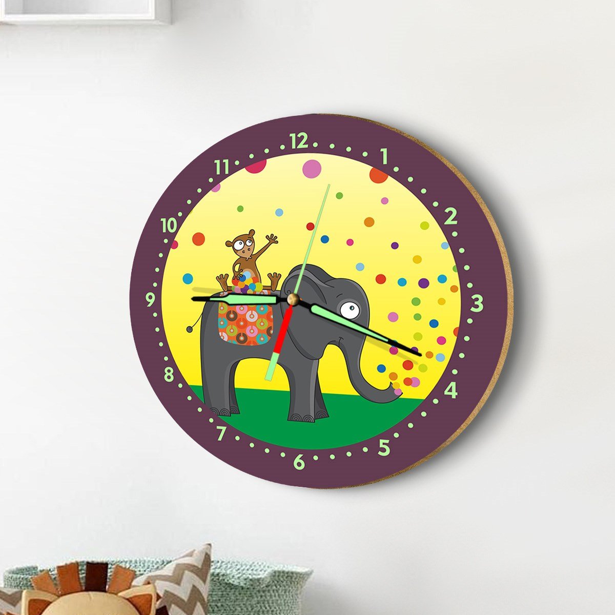 Dekor Loft Fosforlu Gece Parlayan Çocuk Odası Duvar Saati Fil ve Maymun