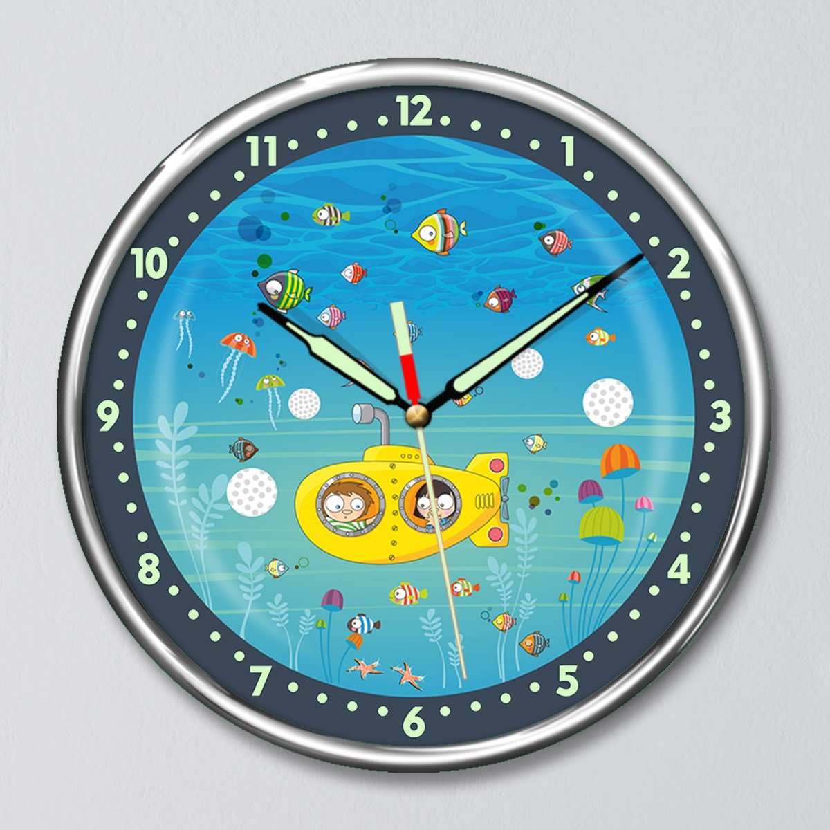 Dekor Loft Kırılmaz Cam Fosforlu Gece Parlayan Premium Çocuk Odası Duvar Saati Denizaltı