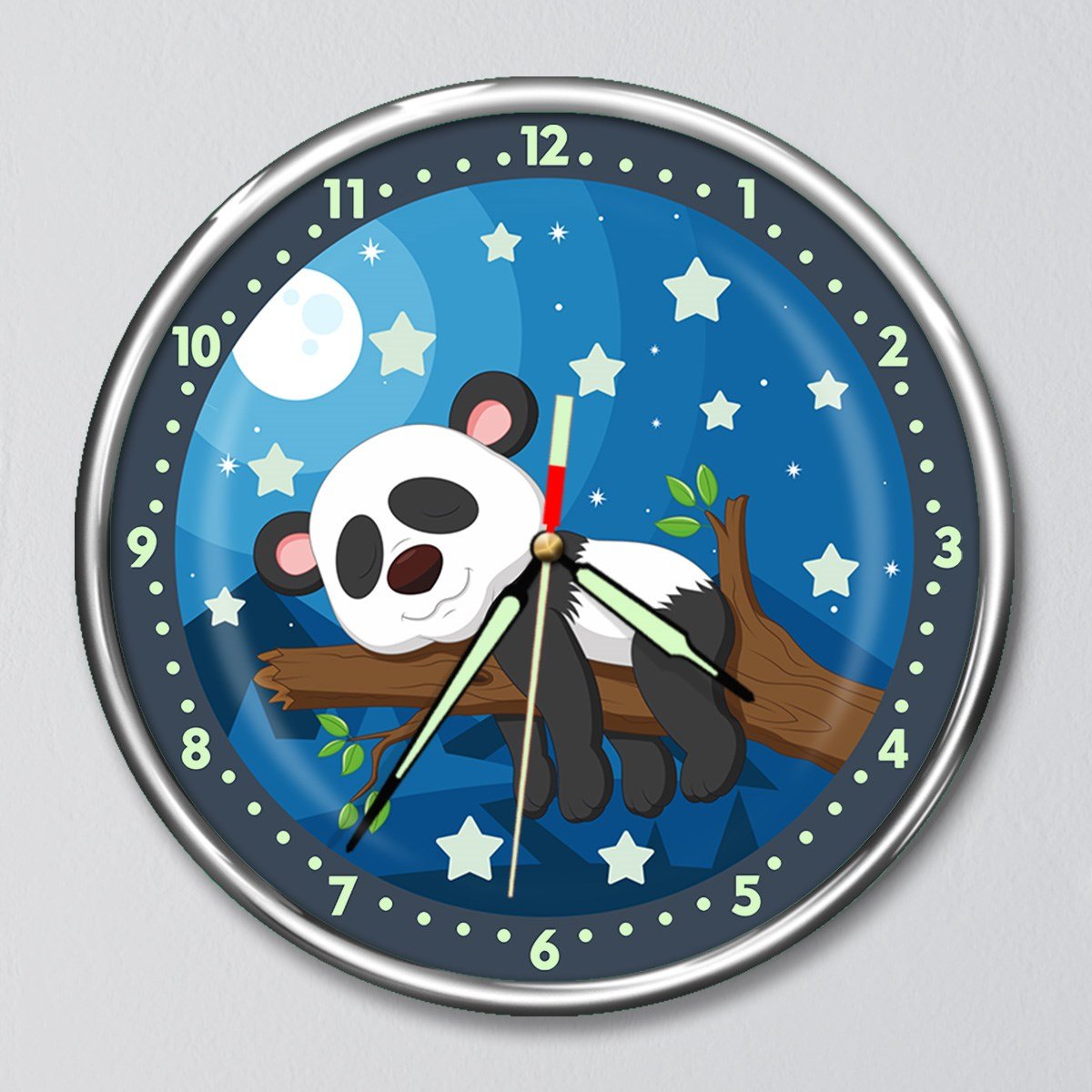 Dekor Loft Kırılmaz Cam Fosforlu Gece Parlayan Premium Çocuk Odası Duvar Saati Uykucu Panda