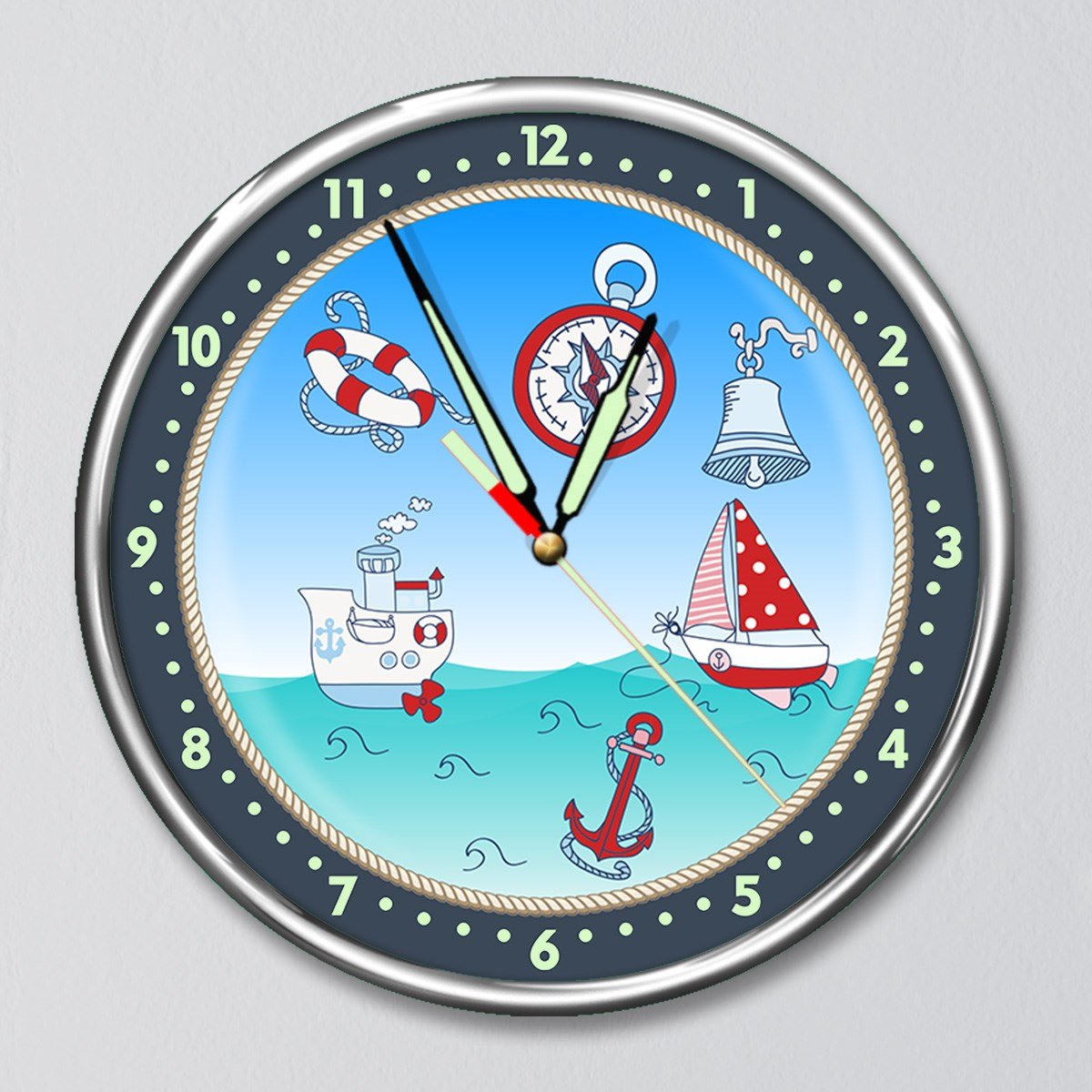 Dekor Loft Kırılmaz Cam Fosforlu Gece Parlayan Premium Çocuk Odası Duvar Saati Denizci