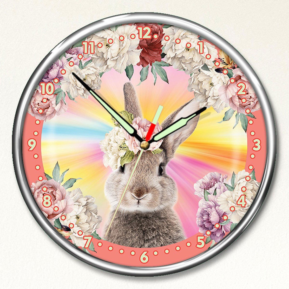 Dekor Loft Kırılmaz Cam Premium Gece Parlayan Çiçekli Tavşan Çocuk Odası Duvar Saati