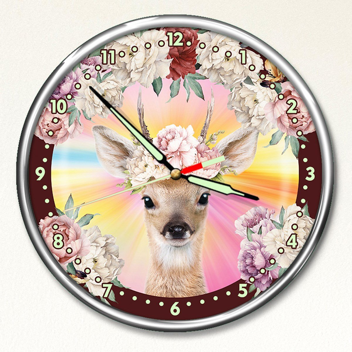 Dekor Loft Kırılmaz Cam Premium Gece Parlayan Çiçekli Ceylan  Çocuk Odası Duvar Saati