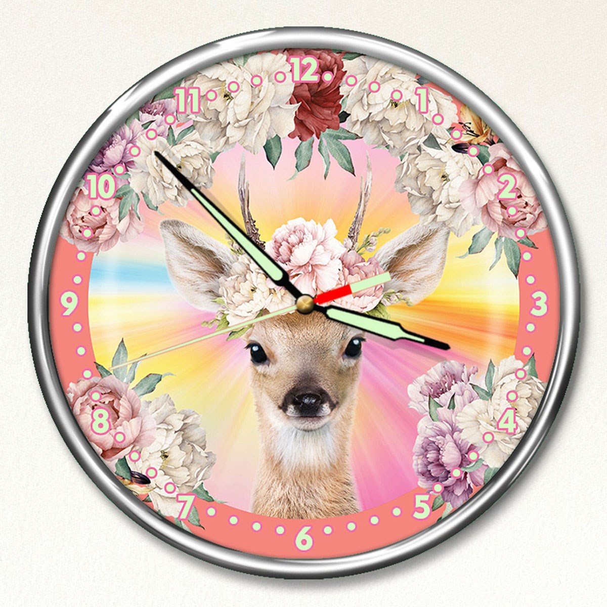 Dekor Loft Kırılmaz Cam Premium Gece Parlayan Çiçekli Ceylan Gökkuşağı Çocuk Odası Duvar Saati