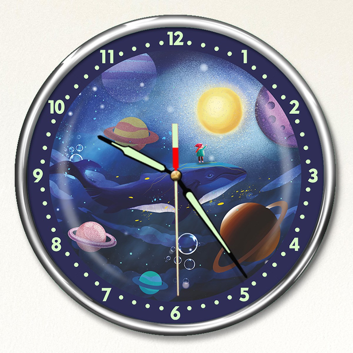 Dekor Loft Kırılmaz Cam Premium Gece Parlayan Uzayda Balina Rüyası Çocuk Odası Duvar Saati