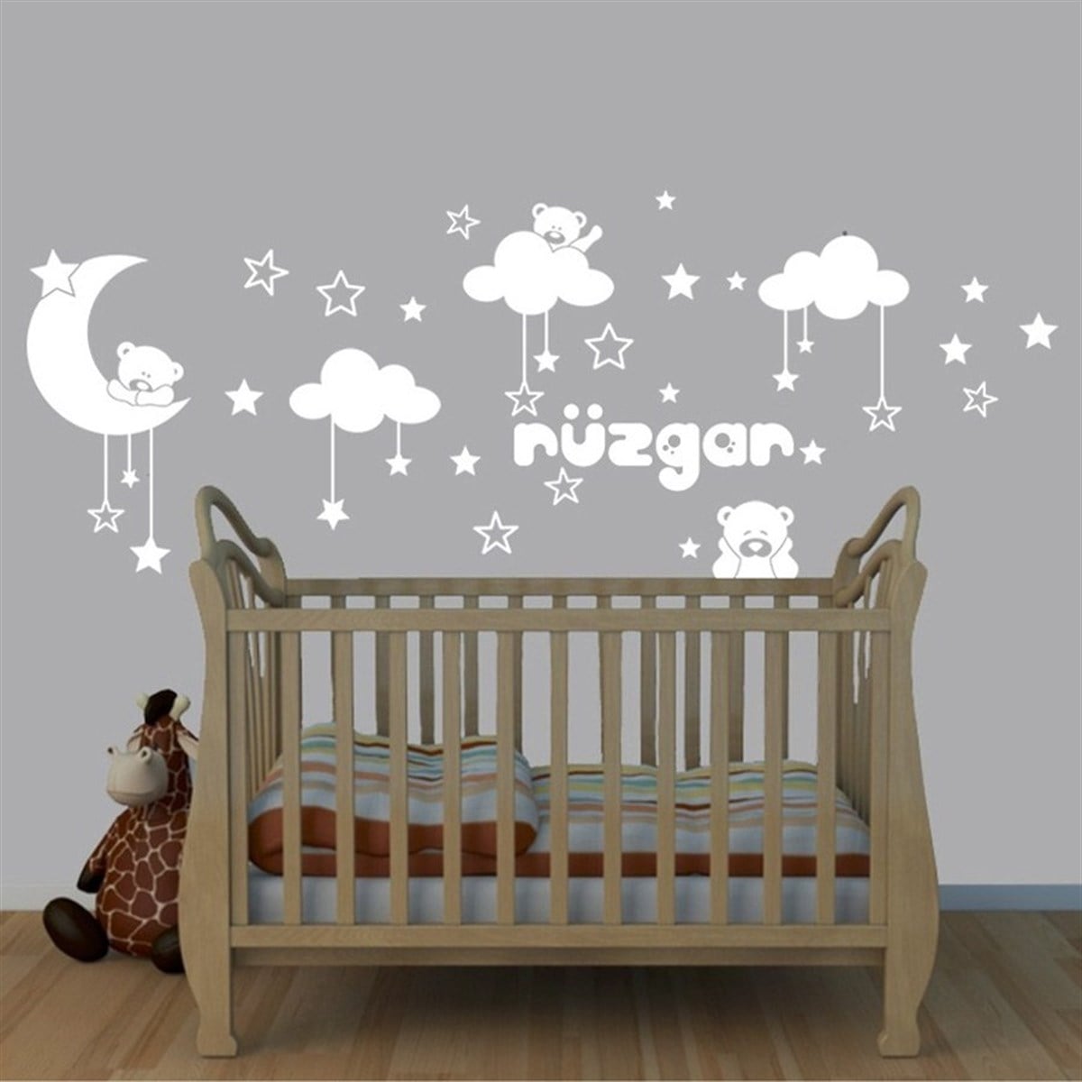 Dekor Loft Kişiye Özel Ayıcıklı Yıldızlar ve Bulutlar Duvar Sticker CSK-901 Beyaz