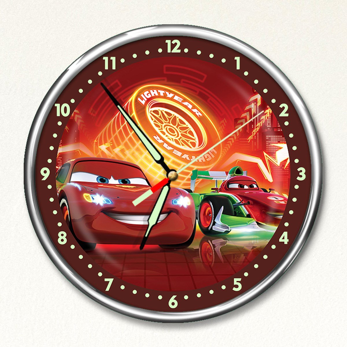 Dekor Loft Premium Gece Parlayan Şimşek McQueen  Çocuk Odası Duvar Saati