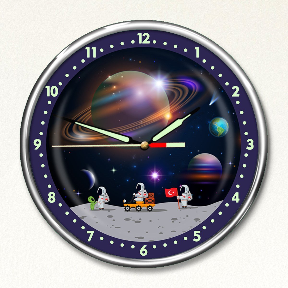Dekor Loft Premium Gece Parlayan Uzayda Yürüyüş Çocuk Odası Duvar Saati