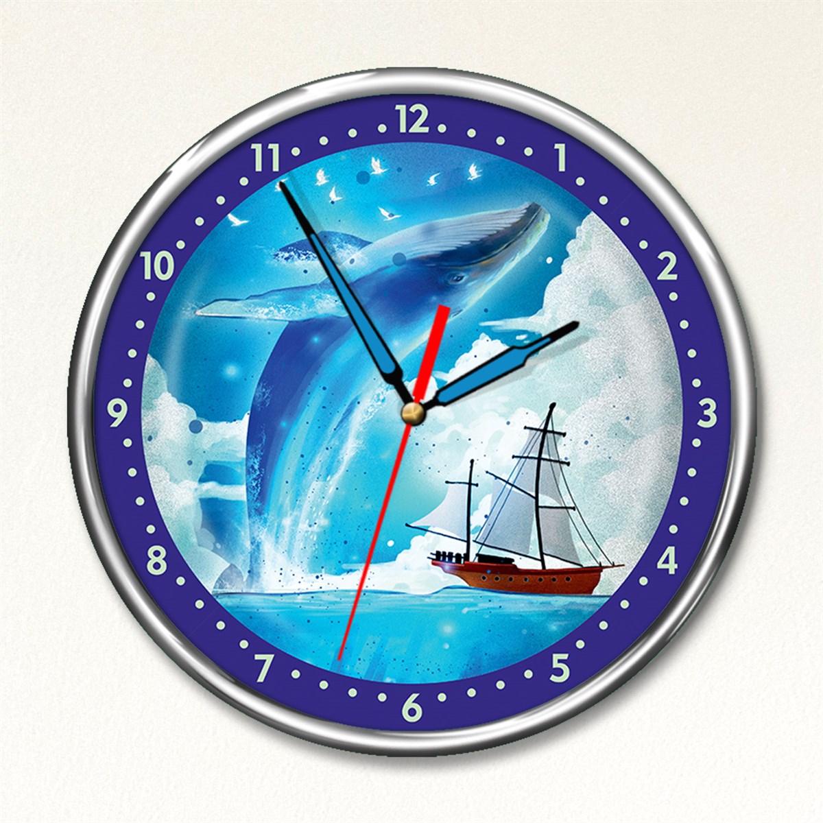 Dekor Loft Premium Selection Balina ve Yelkenli, Kırılmaz Mineral Camlı Metal Çerçeveli Duvar Saati