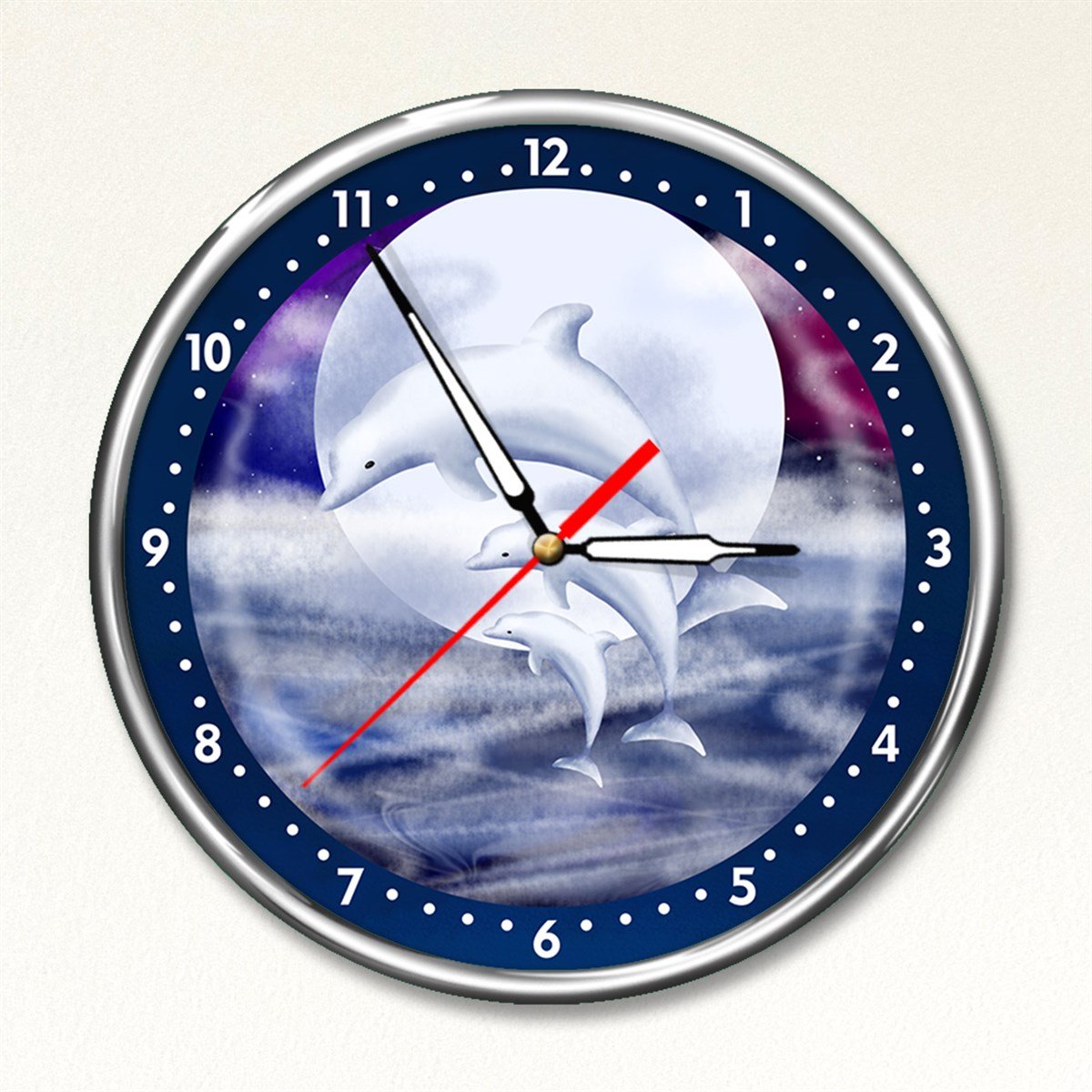 Dekor Loft Premium Selection Beyaz Yunuslar, Kırılmaz Mineral Camlı Metal Çerçeveli Duvar Saati