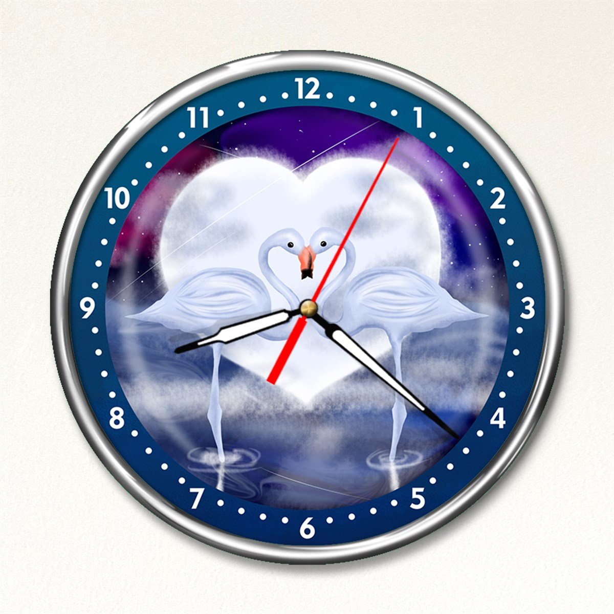 Dekor Loft Premium Selection Kuğu Aşkı, Kırılmaz Mineral Camlı Metal Çerçeveli Duvar Saati