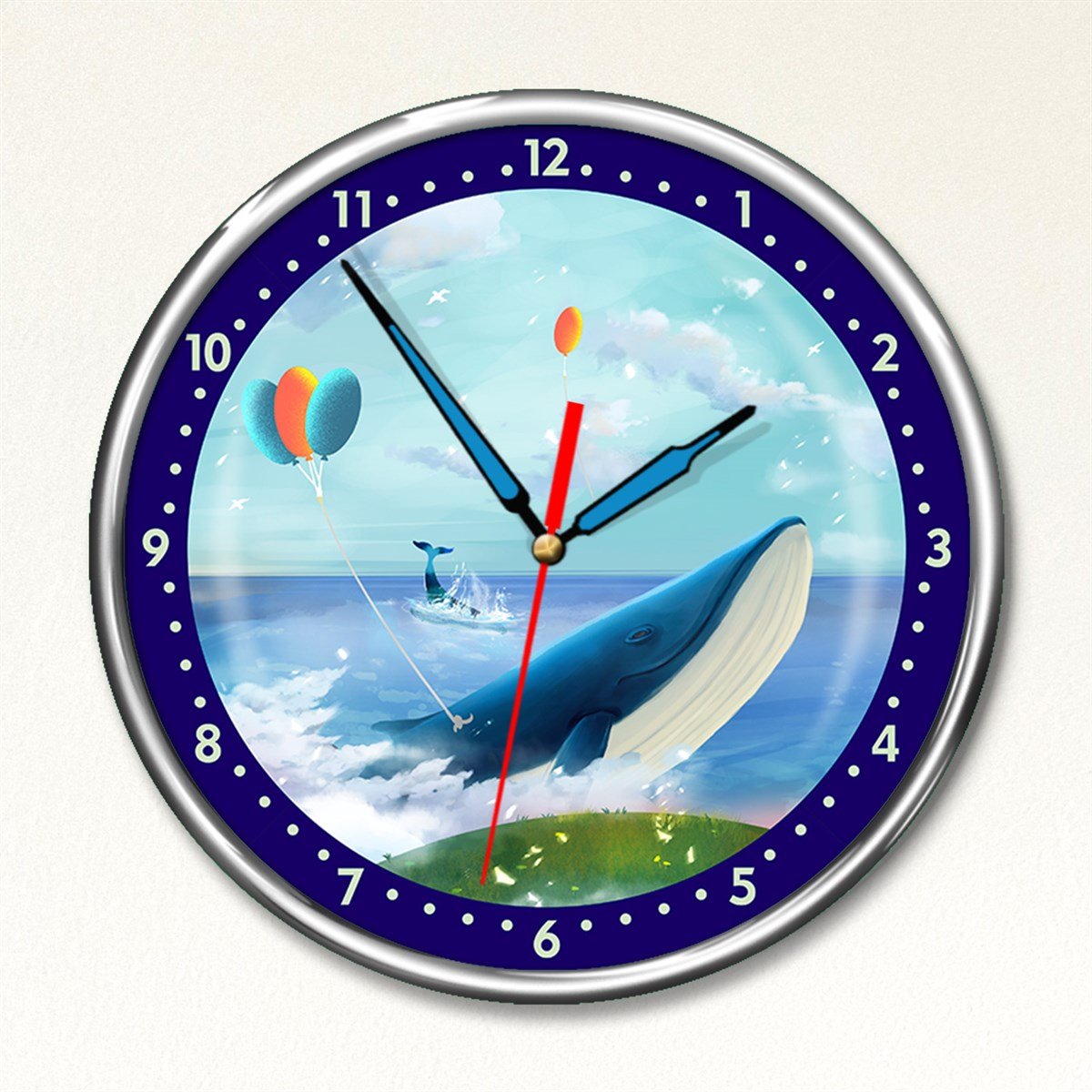 Dekor Loft Premium Selection Mavi Balina, Kırılmaz Mineral Camlı Metal Çerçeveli Duvar Saati