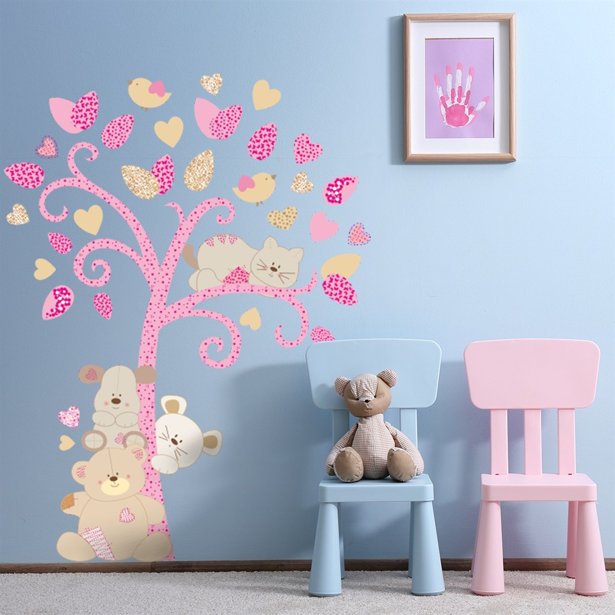 DekorLoft Ayıcık ve Arkadaşları Ağaçta Çocuk Odası Duvar Sticker CS-110  Pembe
