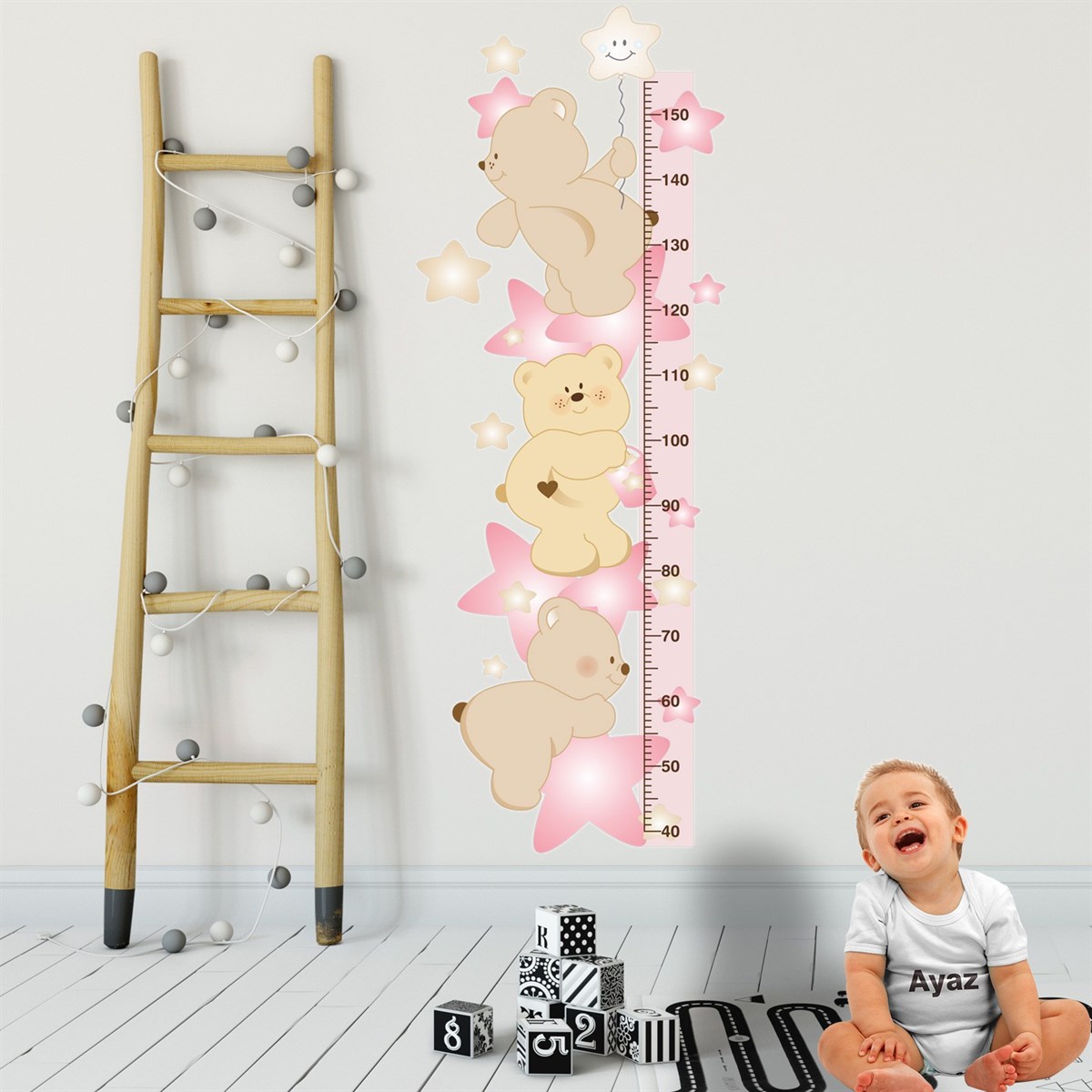 DekorLoft Yıldızlı Ayıcıklar Boy Ölçer Sticker DBC31  Pembe