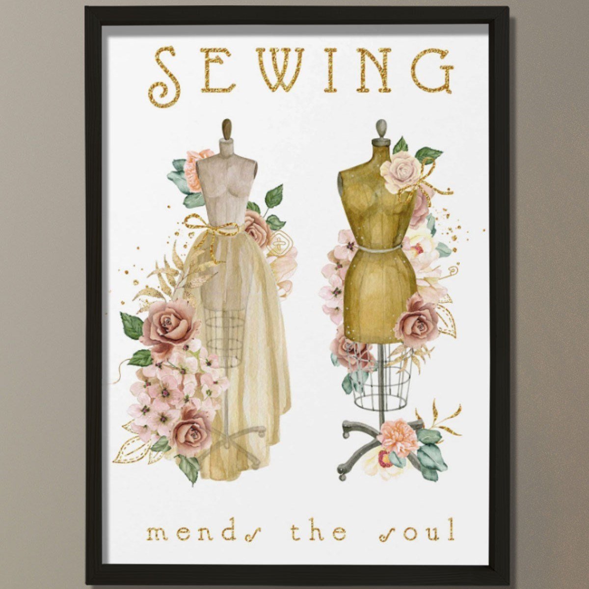 Dikiş Sanatı, Elbise Formu Baskısı, Vintage Çiçekler Dikişi, Terzi Hediyesi, Dikiş Odası Dekoru