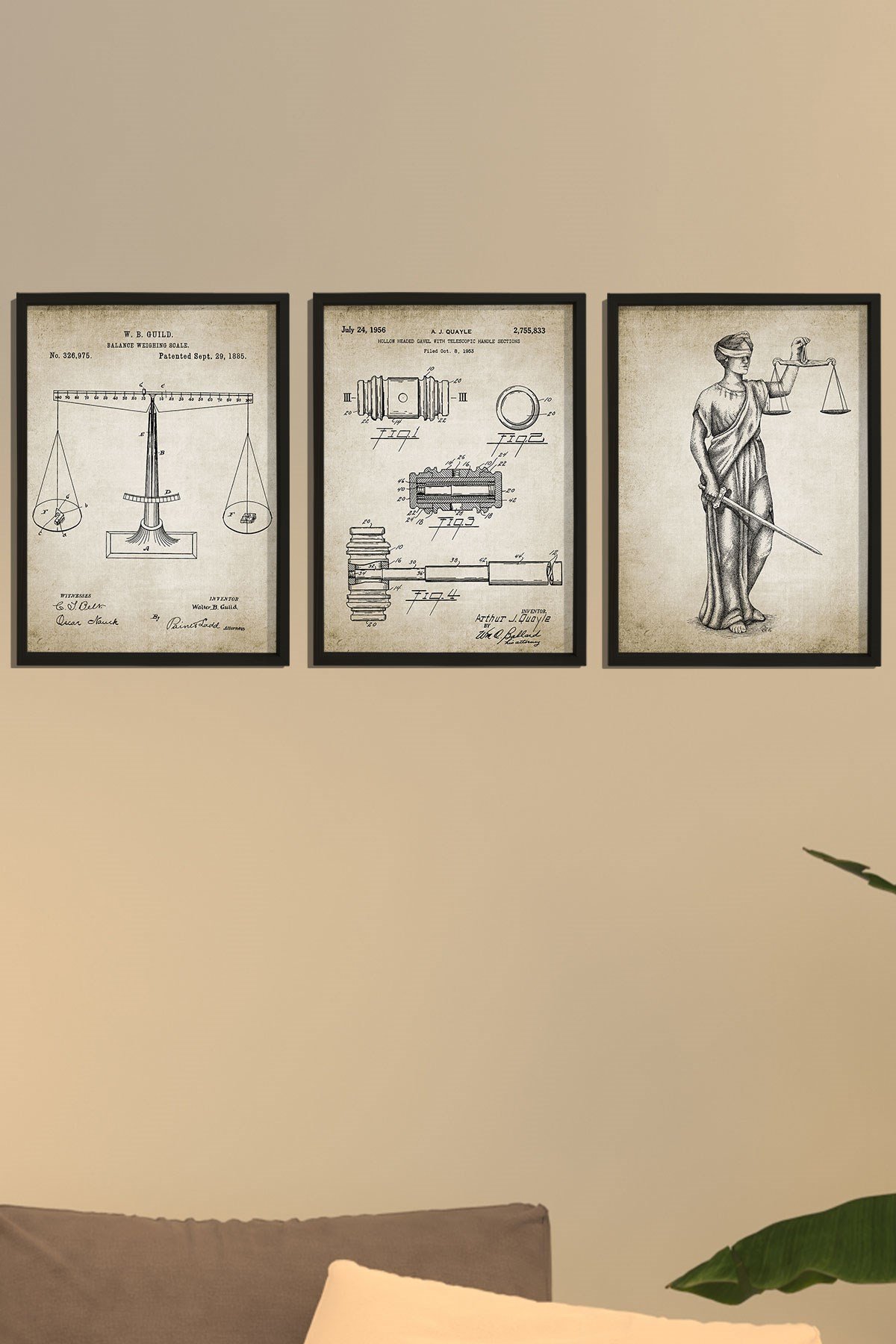 Doğal Çam Çerçeveli Avukat Odası Duvar Tablosu Avukat Adalet Seti Patentleri 1885