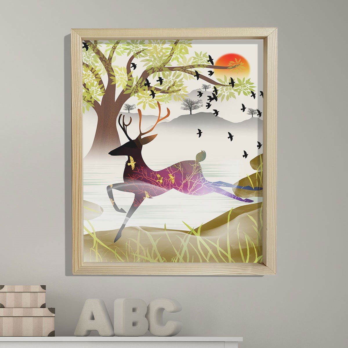 Doğal Çam Çerçeveli Bebek ve Çocuk Odası Duvar Tablosu Geyik
