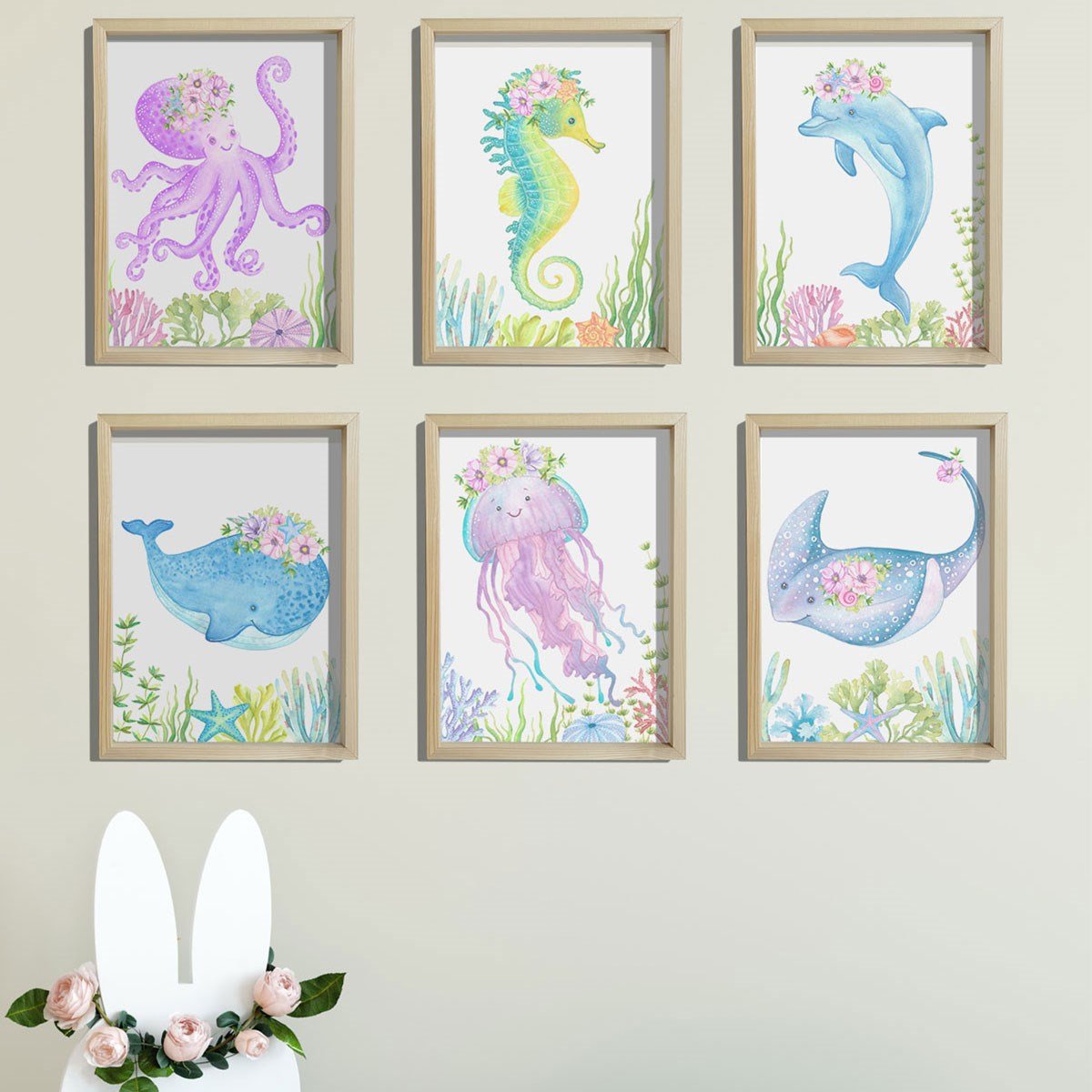 Doğal Çam Çerçeveli Bebek ve Çocuk Odası Duvar Tablosu Çiçekli Deniz Hayvanları