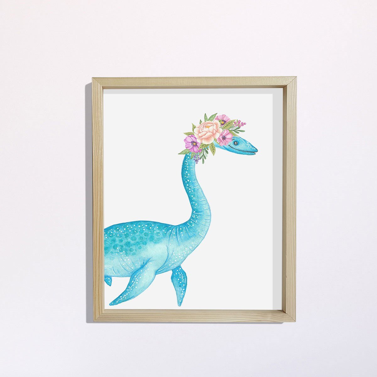 Doğal Çam Çerçeveli Bebek ve Çocuk Odası Duvar Tablosu Çiçekli Şirin Dinazor