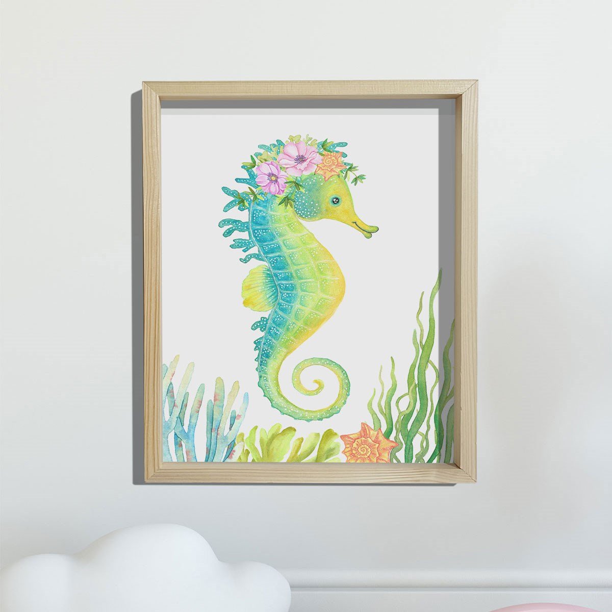 Doğal Çam Çerçeveli Bebek ve Çocuk Odası Duvar Tablosu Çiçekli Denizatı