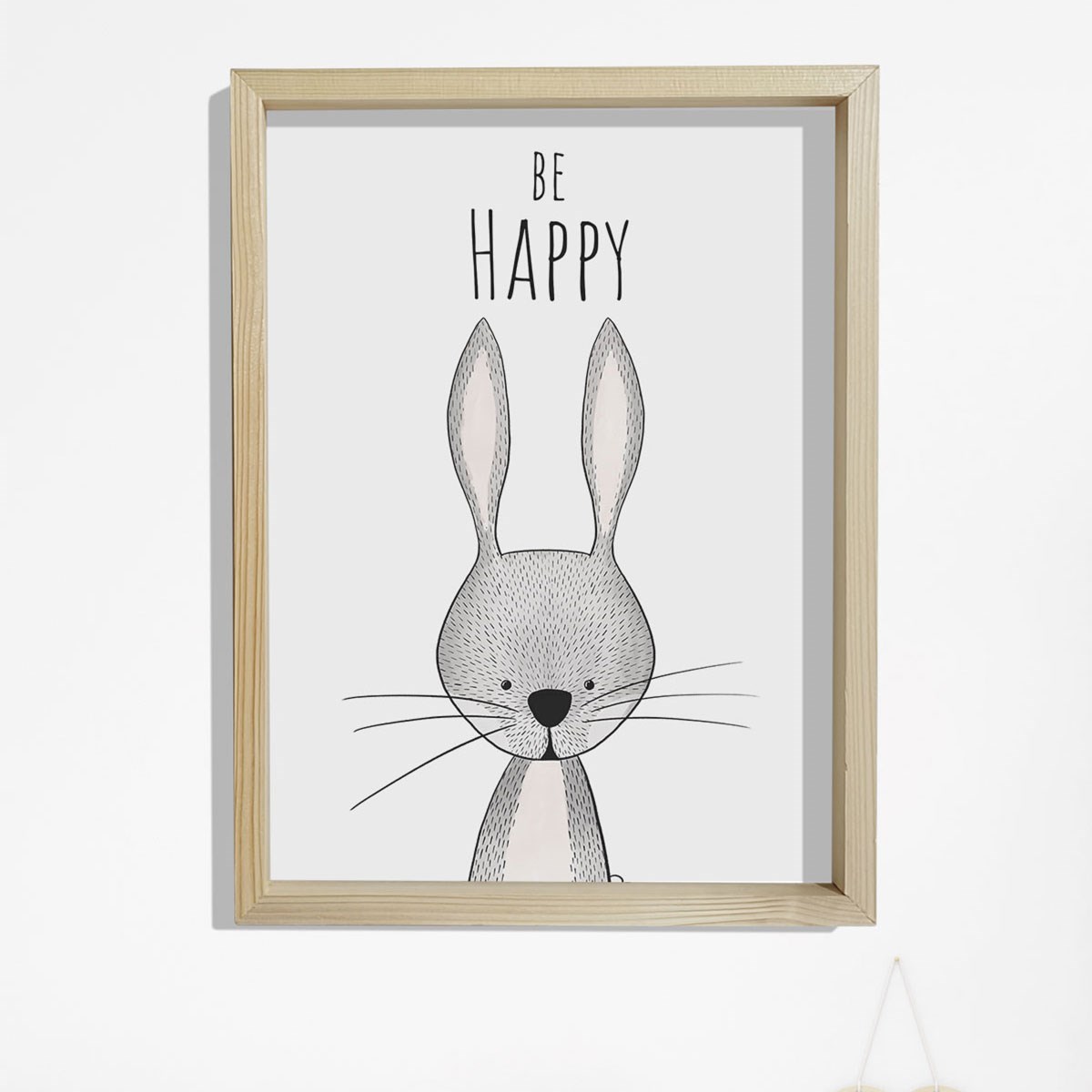 Doğal Çam Çerçeveli Bebek ve Çocuk Odası Duvar Tablosu Mutlu Ol - Tavşan