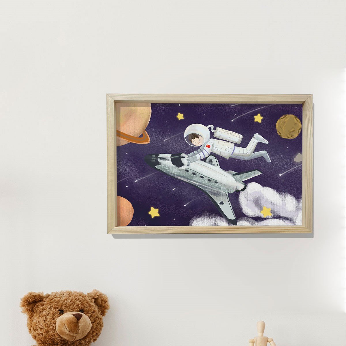 Doğal Çam Çerçeveli Bebek ve Çocuk Odası Duvar Tablosu Minik Astronot