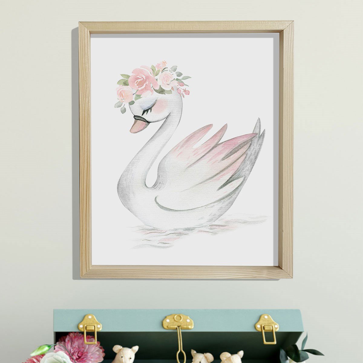 Doğal Çam Çerçeveli Bebek ve Çocuk Odası Duvar Tablosu Çiçekli Kuğu