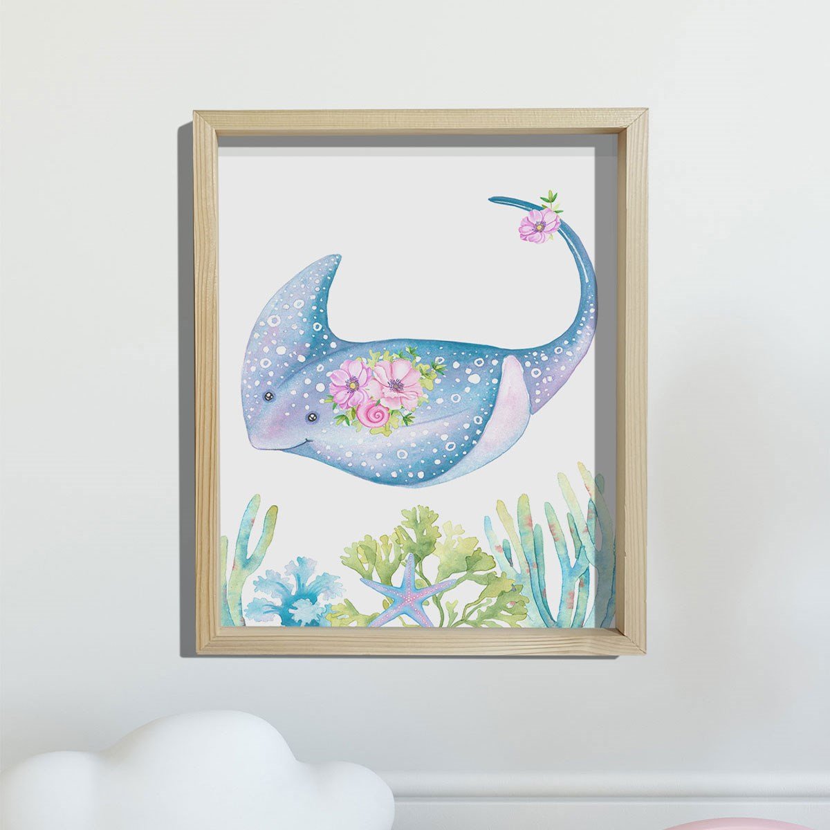 Doğal Çam Çerçeveli Bebek ve Çocuk Odası Duvar Tablosu Çiçekli Vatos Balığı