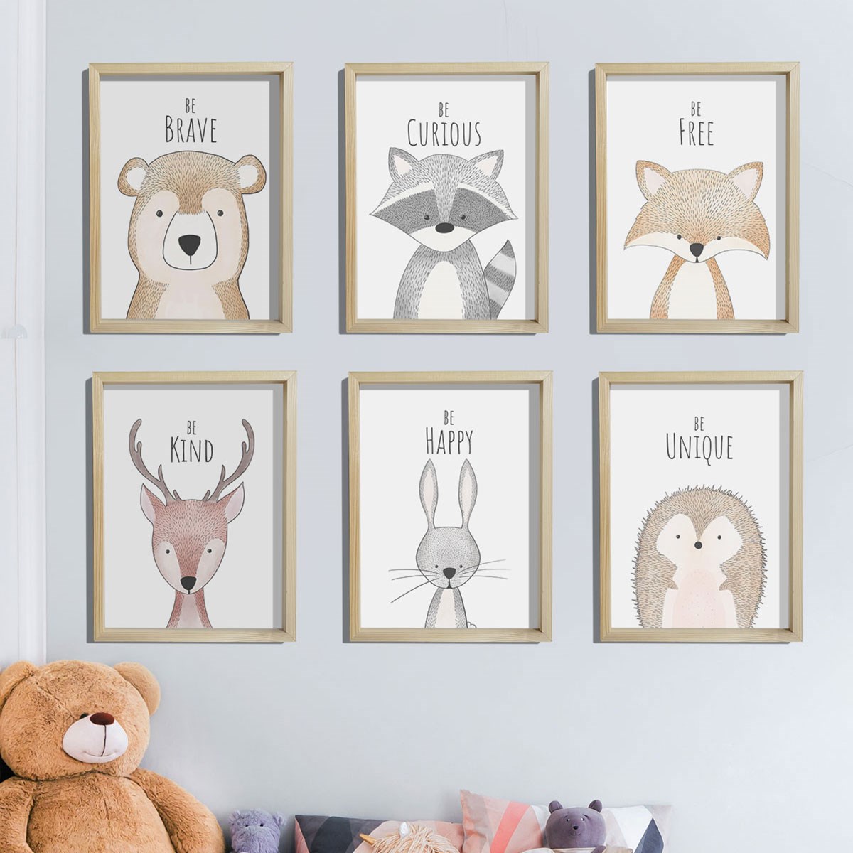 Doğal Çam Çerçeveli Bebek ve Çocuk Odası Duvar Tablosu Cesur Hayvanlar 2