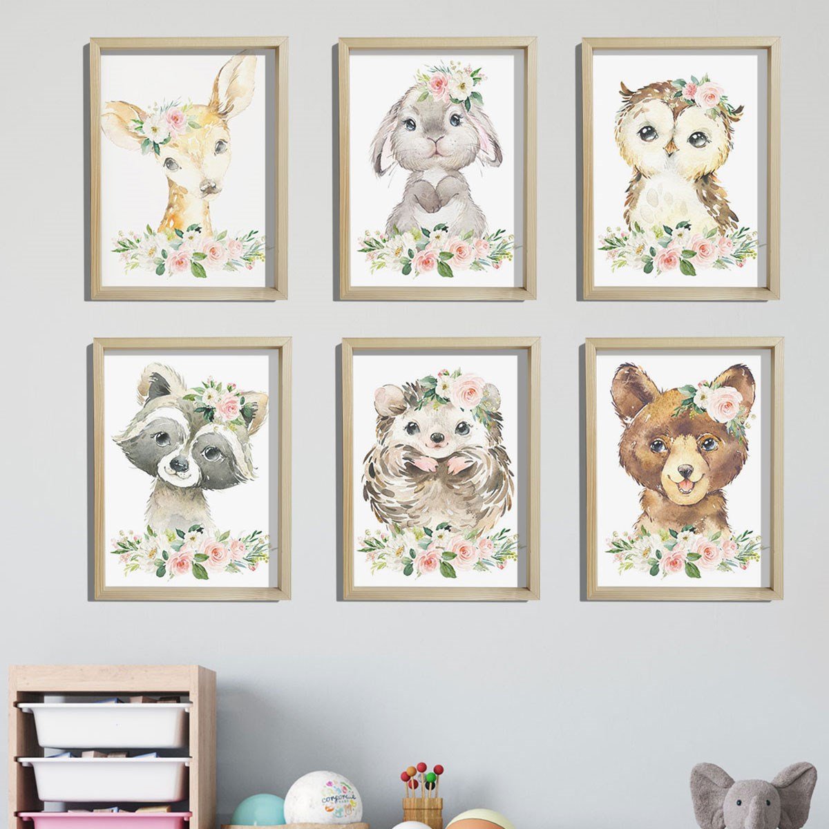 Doğal Çam Çerçeveli Bebek ve Çocuk Odası Duvar Tablosu Çiçekli Hayvanlar