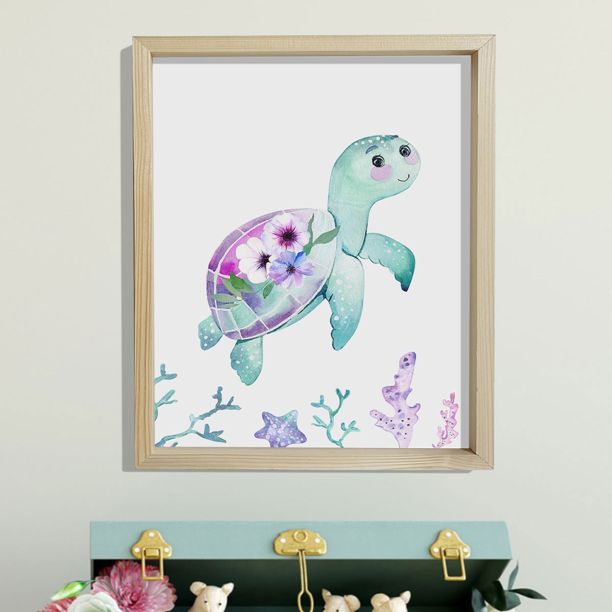 Doğal Çam Çerçeveli Bebek ve Çocuk Odası Duvar Tablosu Çiçekli Kaplumbağa