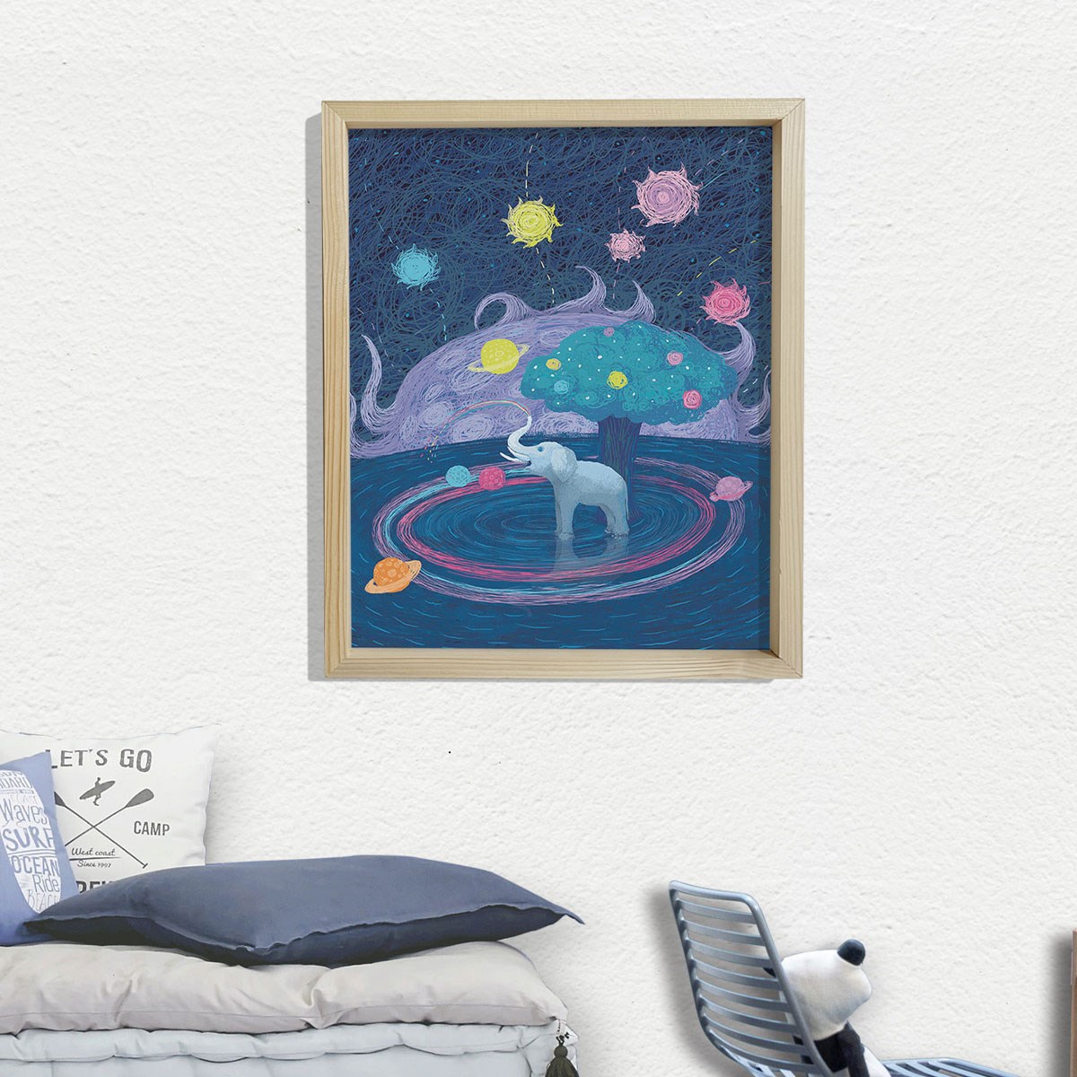 Doğal Çam Çerçeveli Bebek ve Çocuk Odası Duvar Tablosu Fil Rüyası