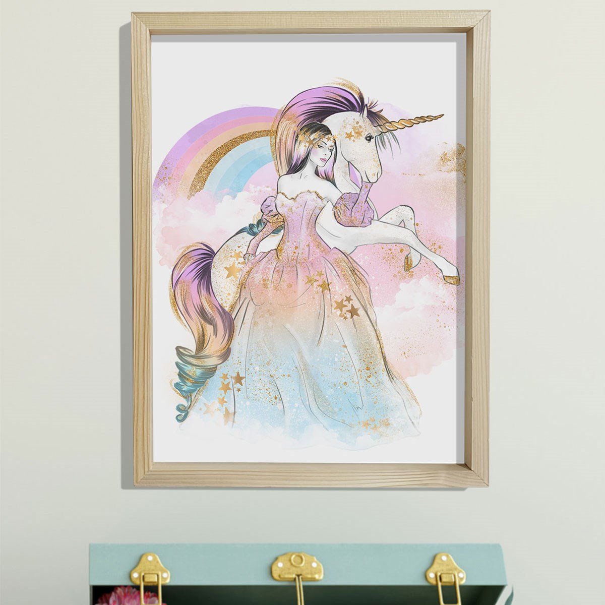 Doğal Çam Çerçeveli Bebek ve Çocuk Odası Duvar Tablosu Kreliçe ve Unicorn