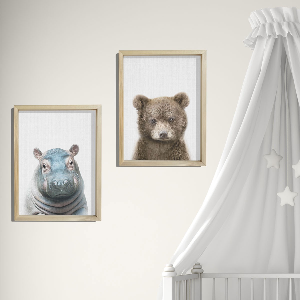 Doğal Çam Çerçeveli Bebek ve Çocuk Odası Duvar Tablosu Hipopotam ve Ayı