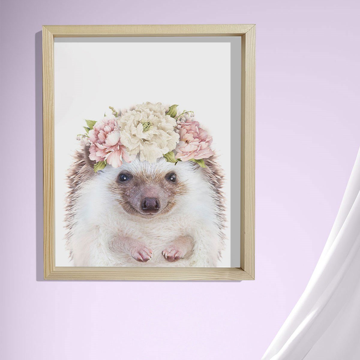 Doğal Çam Çerçeveli Bebek ve Çocuk Odası Duvar Tablosu Çiçekli Kirpi