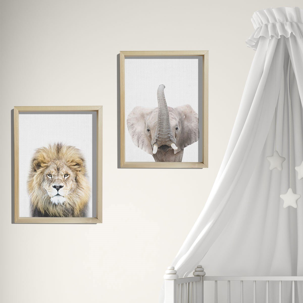 Doğal Çam Çerçeveli Bebek ve Çocuk Odası Duvar Tablosu Aslan ve Fil