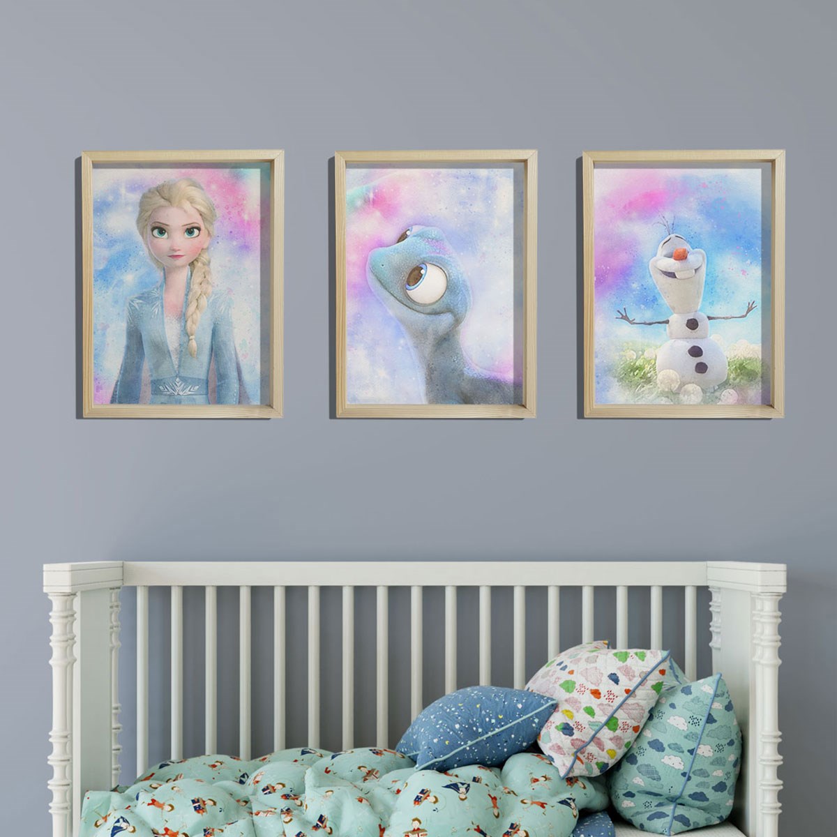 Doğal Çam Çerçeveli Bebek ve Çocuk Odası Duvar Tablosu Frozen Set
