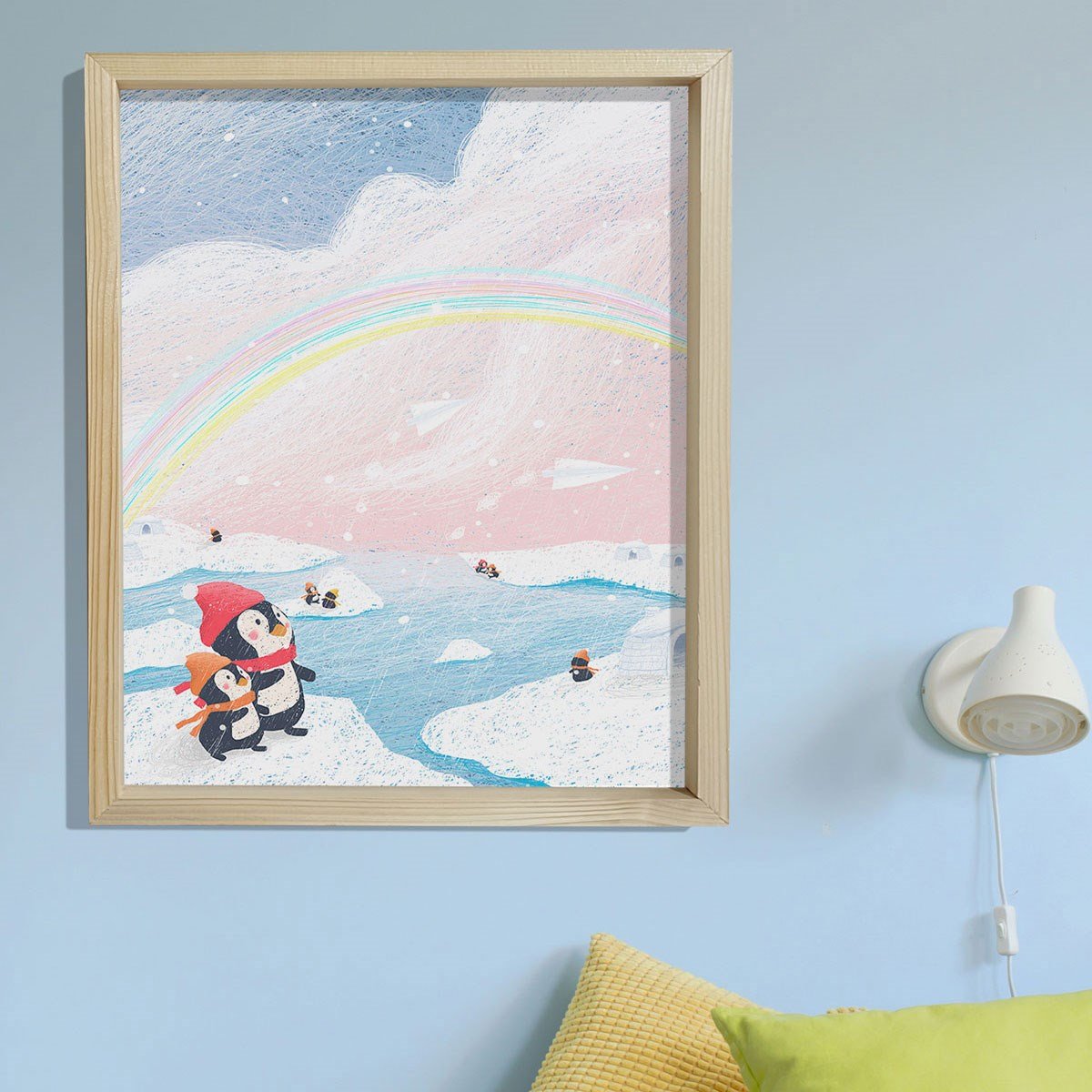 Doğal Çam Çerçeveli Bebek ve Çocuk Odası Duvar Tablosu Gökküşağı Penguen