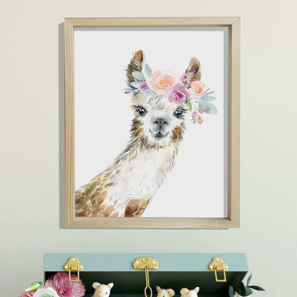 Doğal Çam Çerçeveli Bebek ve Çocuk Odası Duvar Tablosu Çiçekli Lama