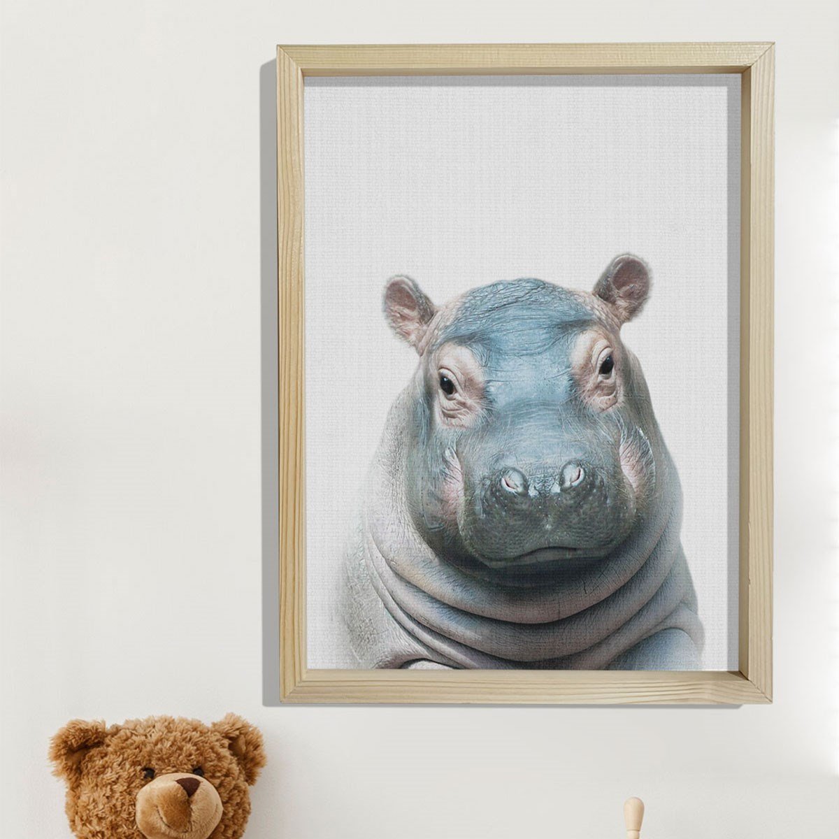 Doğal Çam Çerçeveli Bebek ve Çocuk Odası Duvar Tablosu Hipopotam