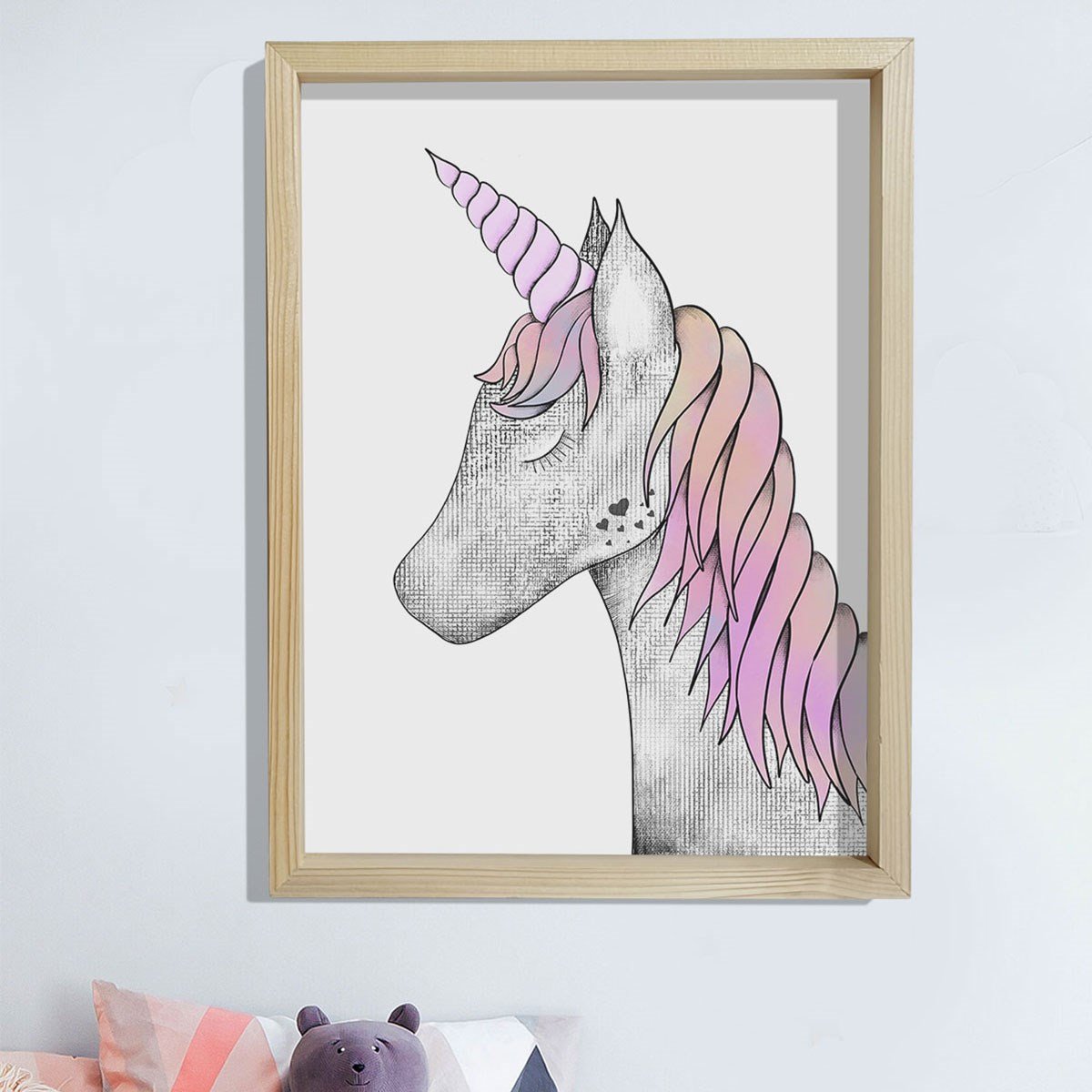 Doğal Çam Çerçeveli Bebek ve Çocuk Odası Duvar Tablosu Unicorn Tek Boynuzlu At
