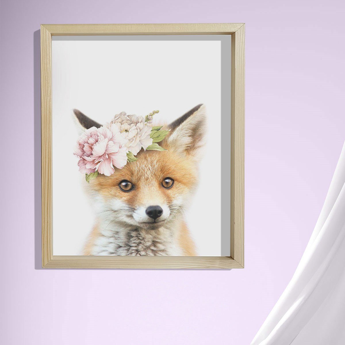 Doğal Çam Çerçeveli Bebek ve Çocuk Odası Duvar Tablosu Çiçekli Tilki