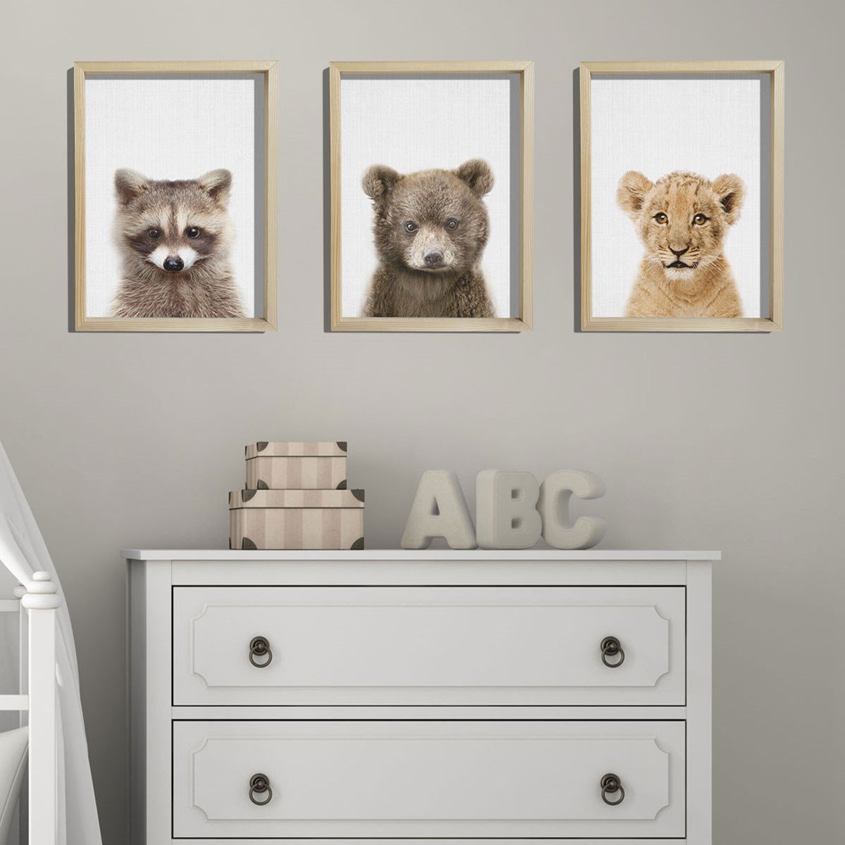 Doğal Çam Çerçeveli Bebek ve Çocuk Odası Duvar Tablosu Rakunn - Ayı - Aslan