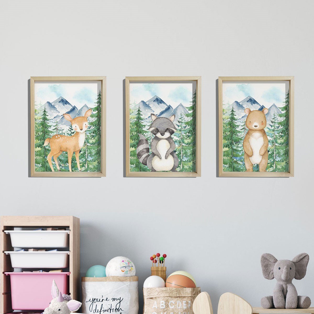 Doğal Çam Çerçeveli Bebek ve Çocuk Odası Duvar Tablosu Sevimli Hayvanlar