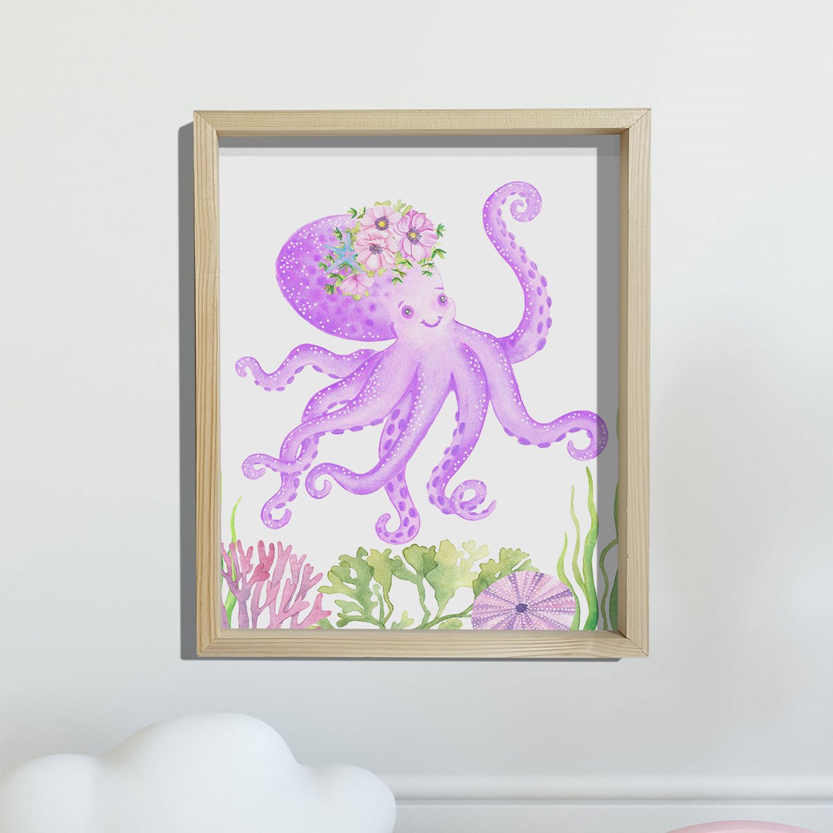 Doğal Çam Çerçeveli Bebek ve Çocuk Odası Duvar Tablosu Çiçekli Ahtapot