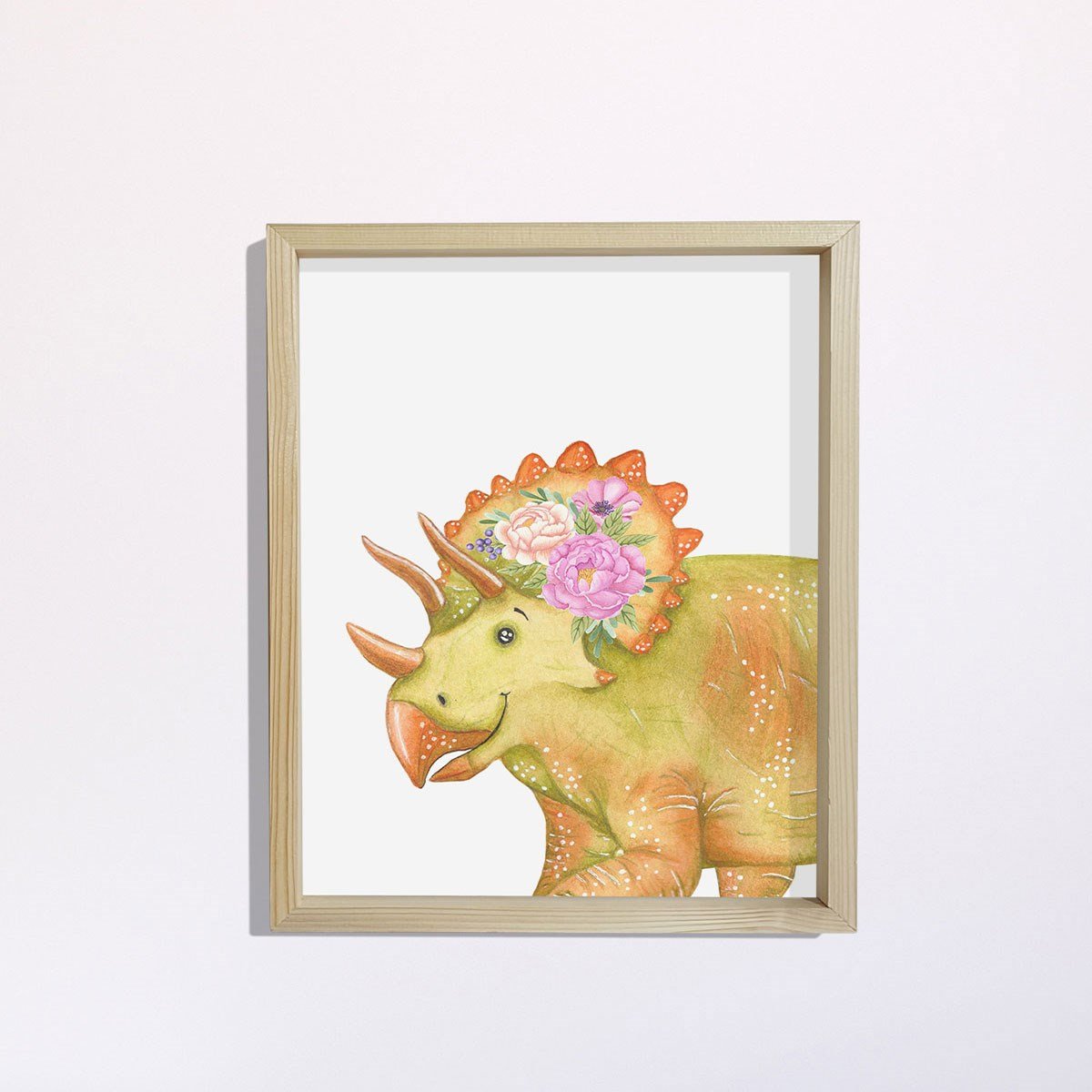 Doğal Çam Çerçeveli Bebek ve Çocuk Odası Duvar Tablosu Çiçekli Şirin Dinazor