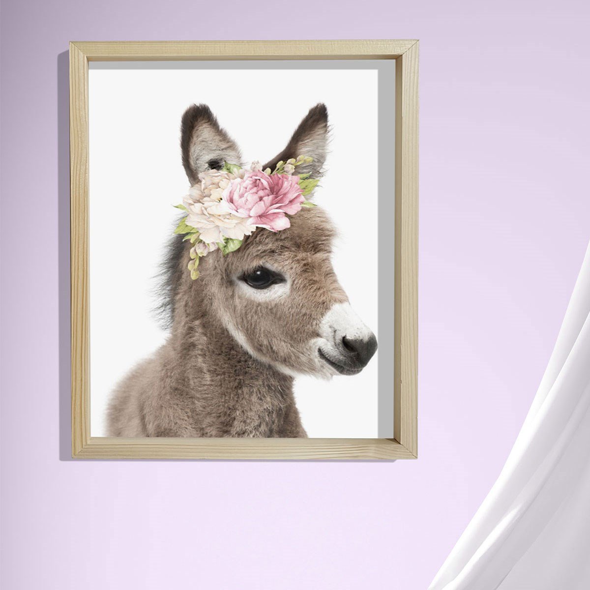 Doğal Çam Çerçeveli Bebek ve Çocuk Odası Duvar Tablosu Çiçekli Eşek