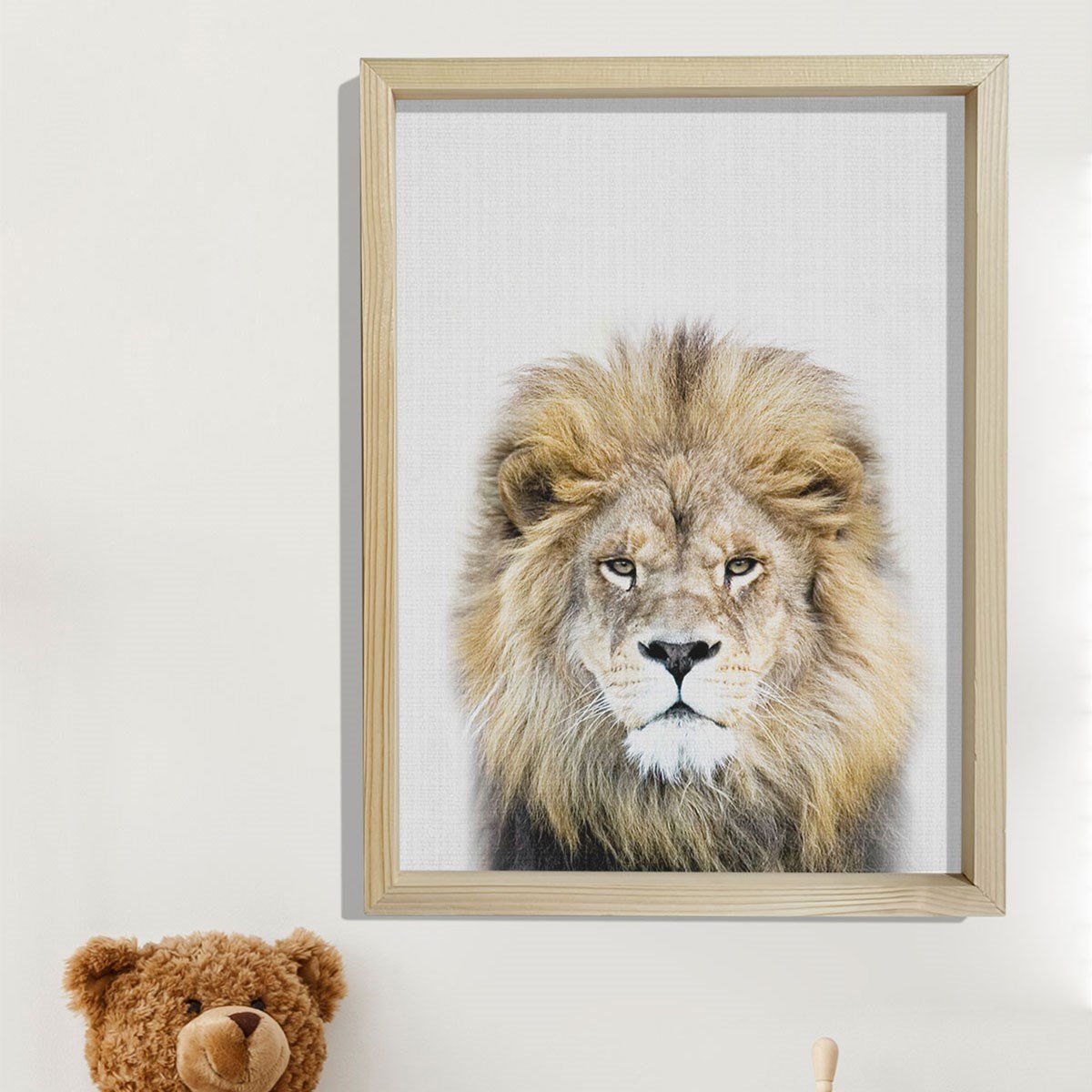 Doğal Çam Çerçeveli Bebek ve Çocuk Odası Duvar Tablosu Vahşi  Aslan