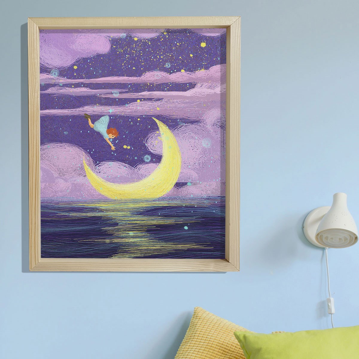 Doğal Çam Çerçeveli Bebek ve Çocuk Odası Duvar Tablosu Özgür Rüya