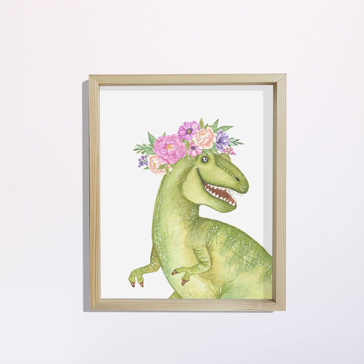 Doğal Çam Çerçeveli Bebek ve Çocuk Odası Duvar Tablosu Çiçekli Şirin Dinazor